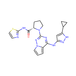 O=C(Nc1nccs1)[C@@H]1CCCN1c1nc(Nc2cc(C3CC3)[nH]n2)c2cccn2n1 ZINC000045320415