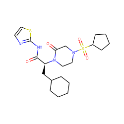 O=C(Nc1nccs1)[C@H](CC1CCCCC1)N1CCN(S(=O)(=O)C2CCCC2)CC1=O ZINC000043199483