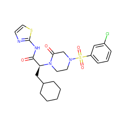 O=C(Nc1nccs1)[C@H](CC1CCCCC1)N1CCN(S(=O)(=O)c2cccc(Cl)c2)CC1=O ZINC000095601924