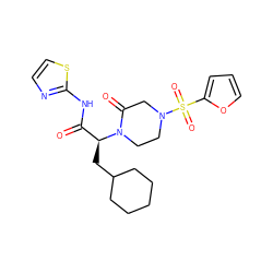 O=C(Nc1nccs1)[C@H](CC1CCCCC1)N1CCN(S(=O)(=O)c2ccco2)CC1=O ZINC000095604389