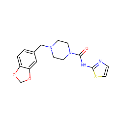 O=C(Nc1nccs1)N1CCN(Cc2ccc3c(c2)OCO3)CC1 ZINC000035858122