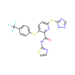 O=C(Nc1nccs1)c1nc(Sc2ncn[nH]2)ccc1Sc1ccc(C(F)(F)F)cc1 ZINC000038803149