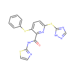 O=C(Nc1nccs1)c1nc(Sc2ncn[nH]2)ccc1Sc1ccccc1 ZINC000038899445