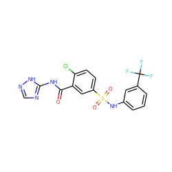 O=C(Nc1ncn[nH]1)c1cc(S(=O)(=O)Nc2cccc(C(F)(F)F)c2)ccc1Cl ZINC000012508182