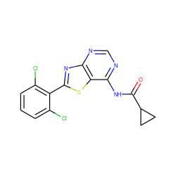 O=C(Nc1ncnc2nc(-c3c(Cl)cccc3Cl)sc12)C1CC1 ZINC000114601600