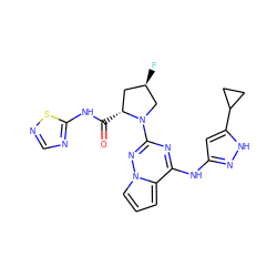 O=C(Nc1ncns1)[C@@H]1C[C@@H](F)CN1c1nc(Nc2cc(C3CC3)[nH]n2)c2cccn2n1 ZINC000095550950