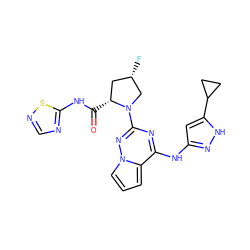 O=C(Nc1ncns1)[C@@H]1C[C@H](F)CN1c1nc(Nc2cc(C3CC3)[nH]n2)c2cccn2n1 ZINC000095550953