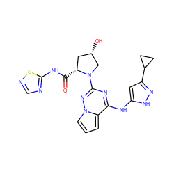 O=C(Nc1ncns1)[C@@H]1C[C@H](O)CN1c1nc(Nc2cc(C3CC3)n[nH]2)c2cccn2n1 ZINC000043178793