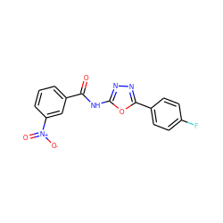 O=C(Nc1nnc(-c2ccc(F)cc2)o1)c1cccc([N+](=O)[O-])c1 ZINC000004275944