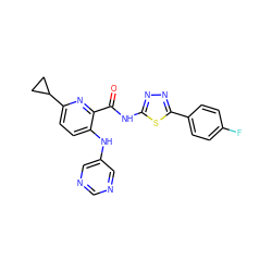 O=C(Nc1nnc(-c2ccc(F)cc2)s1)c1nc(C2CC2)ccc1Nc1cncnc1 ZINC000096167414