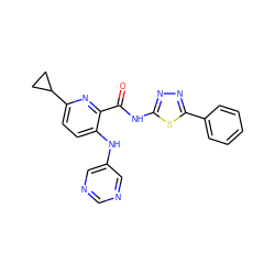 O=C(Nc1nnc(-c2ccccc2)s1)c1nc(C2CC2)ccc1Nc1cncnc1 ZINC000096167417