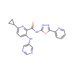 O=C(Nc1nnc(-c2ccccn2)o1)c1nc(C2CC2)ccc1Nc1cncnc1 ZINC000096167432