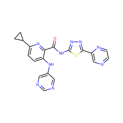 O=C(Nc1nnc(-c2cnccn2)s1)c1nc(C2CC2)ccc1Nc1cncnc1 ZINC000096167418