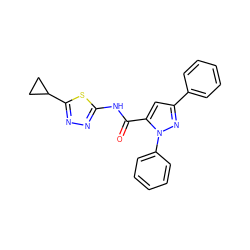 O=C(Nc1nnc(C2CC2)s1)c1cc(-c2ccccc2)nn1-c1ccccc1 ZINC000002653306