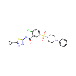 O=C(Nc1nnc(C2CC2)s1)c1cc(S(=O)(=O)N2CCN(c3ccccc3)CC2)ccc1Cl ZINC000008672621