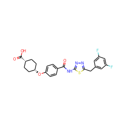 O=C(Nc1nnc(Cc2cc(F)cc(F)c2)s1)c1ccc(O[C@H]2CC[C@@H](C(=O)O)CC2)cc1 ZINC000114189938