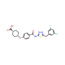 O=C(Nc1nnc(Cc2cc(F)cc(F)c2)s1)c1ccc(O[C@H]2CC[C@H](C(=O)O)CC2)cc1 ZINC000114192115