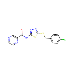 O=C(Nc1nnc(SCc2ccc(Cl)cc2)s1)c1cnccn1 ZINC000003334327