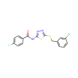 O=C(Nc1nnc(SCc2cccc(Cl)c2)s1)c1ccc(F)cc1 ZINC000008823113