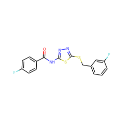 O=C(Nc1nnc(SCc2cccc(F)c2)s1)c1ccc(F)cc1 ZINC000004078319