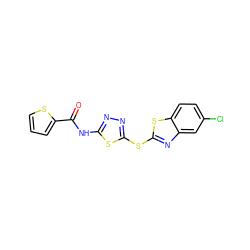 O=C(Nc1nnc(Sc2nc3cc(Cl)ccc3s2)s1)c1cccs1 ZINC000029463683