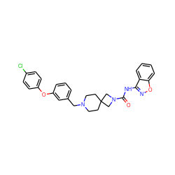 O=C(Nc1noc2ccccc12)N1CC2(CCN(Cc3cccc(Oc4ccc(Cl)cc4)c3)CC2)C1 ZINC000103263326