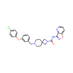 O=C(Nc1noc2cccnc12)N1CC2(CCN(Cc3cccc(Oc4ccc(Cl)cc4)c3)CC2)C1 ZINC000103263329