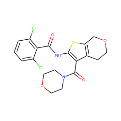 O=C(Nc1sc2c(c1C(=O)N1CCOCC1)CCOC2)c1c(Cl)cccc1Cl ZINC000095562728