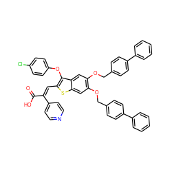 O=C(O)/C(=C/c1sc2cc(OCc3ccc(-c4ccccc4)cc3)c(OCc3ccc(-c4ccccc4)cc3)cc2c1Oc1ccc(Cl)cc1)c1ccncc1 ZINC000095615393