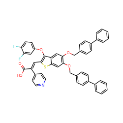 O=C(O)/C(=C/c1sc2cc(OCc3ccc(-c4ccccc4)cc3)c(OCc3ccc(-c4ccccc4)cc3)cc2c1Oc1ccc(F)c(F)c1)c1ccncc1 ZINC000095541687