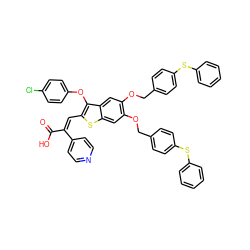 O=C(O)/C(=C/c1sc2cc(OCc3ccc(Sc4ccccc4)cc3)c(OCc3ccc(Sc4ccccc4)cc3)cc2c1Oc1ccc(Cl)cc1)c1ccncc1 ZINC000150347724