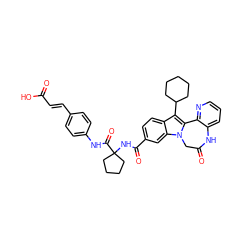 O=C(O)/C=C/c1ccc(NC(=O)C2(NC(=O)c3ccc4c(C5CCCCC5)c5n(c4c3)CC(=O)Nc3cccnc3-5)CCCC2)cc1 ZINC000043104819