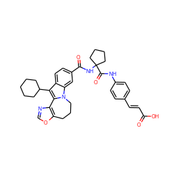 O=C(O)/C=C/c1ccc(NC(=O)C2(NC(=O)c3ccc4c(C5CCCCC5)c5n(c4c3)CCCc3ocnc3-5)CCCC2)cc1 ZINC000059826699