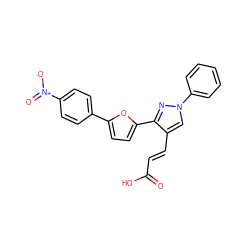 O=C(O)/C=C/c1cn(-c2ccccc2)nc1-c1ccc(-c2ccc([N+](=O)[O-])cc2)o1 ZINC000001189904