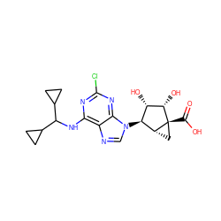 O=C(O)[C@@]12C[C@@H]1[C@@H](n1cnc3c(NC(C4CC4)C4CC4)nc(Cl)nc31)[C@H](O)[C@@H]2O ZINC001772645281