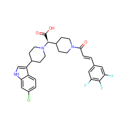 O=C(O)[C@@H](C1CCN(C(=O)/C=C/c2cc(F)c(F)c(F)c2)CC1)N1CCC(c2c[nH]c3cc(Cl)ccc23)CC1 ZINC000028824829