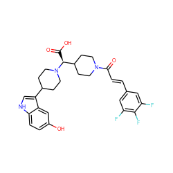 O=C(O)[C@@H](C1CCN(C(=O)/C=C/c2cc(F)c(F)c(F)c2)CC1)N1CCC(c2c[nH]c3ccc(O)cc23)CC1 ZINC000028824823