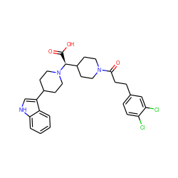 O=C(O)[C@@H](C1CCN(C(=O)CCc2ccc(Cl)c(Cl)c2)CC1)N1CCC(c2c[nH]c3ccccc23)CC1 ZINC000028824863