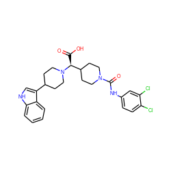 O=C(O)[C@@H](C1CCN(C(=O)Nc2ccc(Cl)c(Cl)c2)CC1)N1CCC(c2c[nH]c3ccccc23)CC1 ZINC000028824859