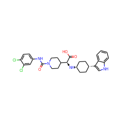 O=C(O)[C@@H](N[C@H]1CC[C@@H](c2c[nH]c3ccccc32)CC1)C1CCN(C(=O)Nc2ccc(Cl)c(Cl)c2)CC1 ZINC000143503877