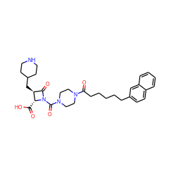 O=C(O)[C@@H]1[C@@H](CC2CCNCC2)C(=O)N1C(=O)N1CCN(C(=O)CCCCCc2ccc3ccccc3c2)CC1 ZINC000026375477