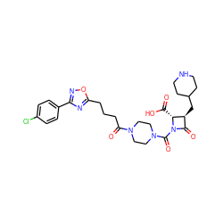 O=C(O)[C@@H]1[C@@H](CC2CCNCC2)C(=O)N1C(=O)N1CCN(C(=O)CCCc2nc(-c3ccc(Cl)cc3)no2)CC1 ZINC000026294091