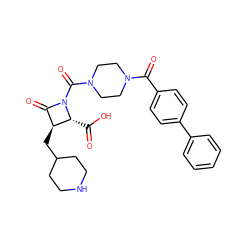 O=C(O)[C@@H]1[C@@H](CC2CCNCC2)C(=O)N1C(=O)N1CCN(C(=O)c2ccc(-c3ccccc3)cc2)CC1 ZINC000026378393