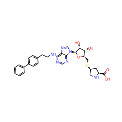 O=C(O)[C@@H]1C[C@H](SC[C@H]2O[C@@H](n3cnc4c(NCCc5ccc(-c6ccccc6)cc5)ncnc43)[C@H](O)[C@@H]2O)CN1 ZINC000043131448
