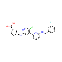 O=C(O)[C@@H]1CC[C@H](Nc2cc(-c3cccc(NCc4cccc(F)c4)n3)c(Cl)cn2)C1 ZINC000169703789