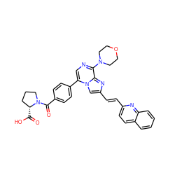 O=C(O)[C@@H]1CCCN1C(=O)c1ccc(-c2cnc(N3CCOCC3)c3nc(/C=C/c4ccc5ccccc5n4)cn23)cc1 ZINC001772585243