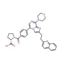 O=C(O)[C@@H]1CCCN1C(=O)c1ccc(-c2cnc(N3CCOCC3)c3nc(CCc4ccc5ccccc5n4)cn23)cc1 ZINC000222055782