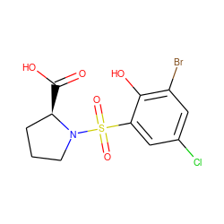 O=C(O)[C@@H]1CCCN1S(=O)(=O)c1cc(Cl)cc(Br)c1O ZINC000013687283