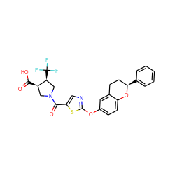 O=C(O)[C@@H]1CN(C(=O)c2cnc(Oc3ccc4c(c3)CC[C@@H](c3ccccc3)O4)s2)C[C@@H]1C(F)(F)F ZINC000145667821