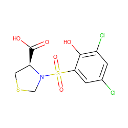 O=C(O)[C@@H]1CSCN1S(=O)(=O)c1cc(Cl)cc(Cl)c1O ZINC000013687312